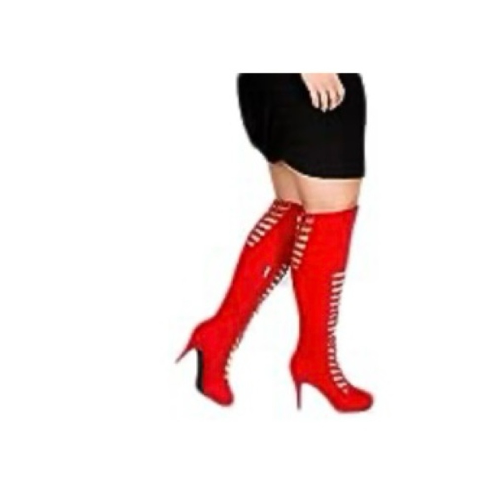 Free Rein Katya knee high boots in red velvet. Size 10